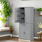 Meuble bas autoportant en bois gris avec portes et tiroir, assemblage par 1 personne