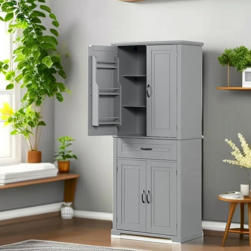 Meuble bas autoportant en bois gris avec portes et tiroir, assemblage par 1 personne