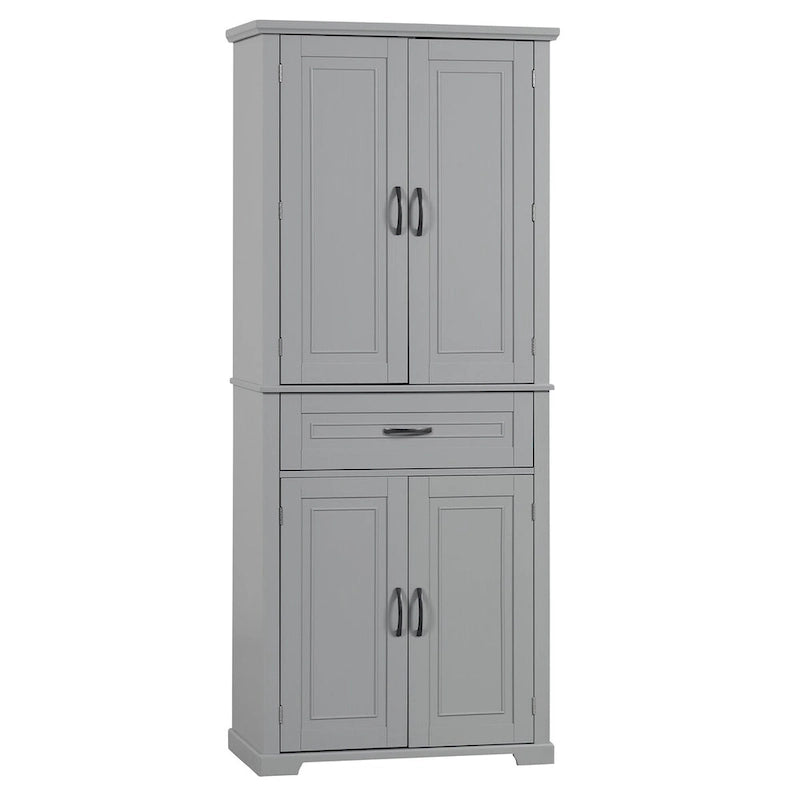 Meuble bas autoportant en bois gris avec portes et tiroir, assemblage par 1 personne