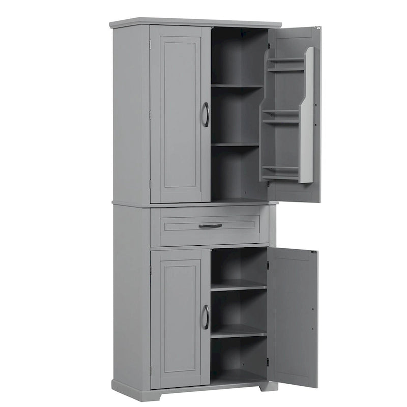 Meuble bas autoportant en bois gris avec portes et tiroir, assemblage par 1 personne