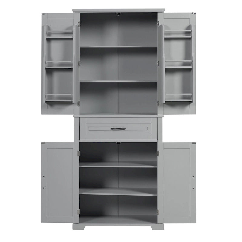 Meuble bas autoportant en bois gris avec portes et tiroir, assemblage par 1 personne