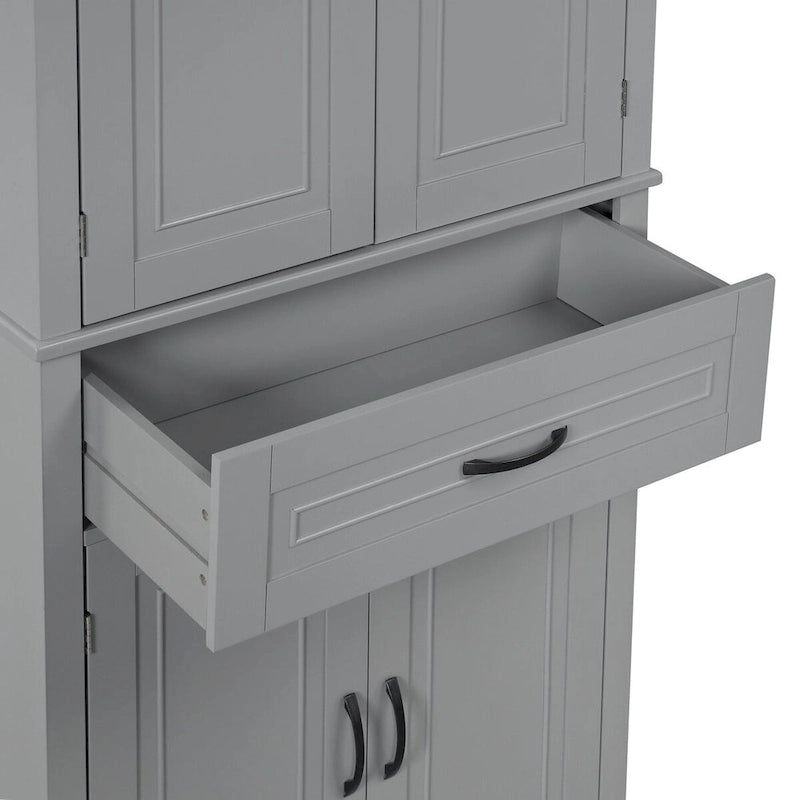 Meuble bas autoportant en bois gris avec portes et tiroir, assemblage par 1 personne