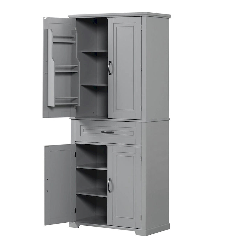 Meuble bas autoportant en bois gris avec portes et tiroir, assemblage par 1 personne