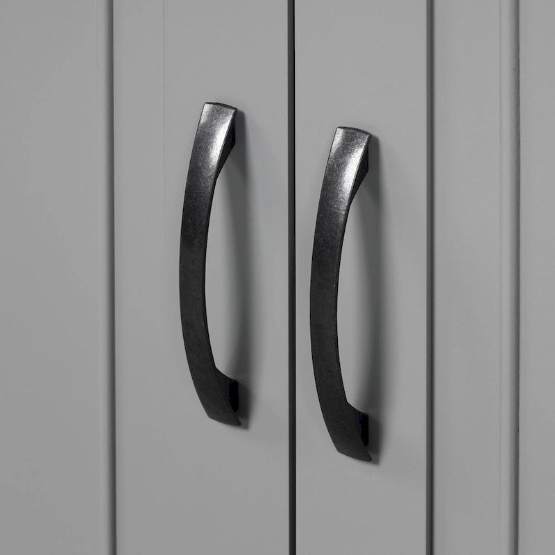 Meuble bas autoportant en bois gris avec portes et tiroir, assemblage par 1 personne