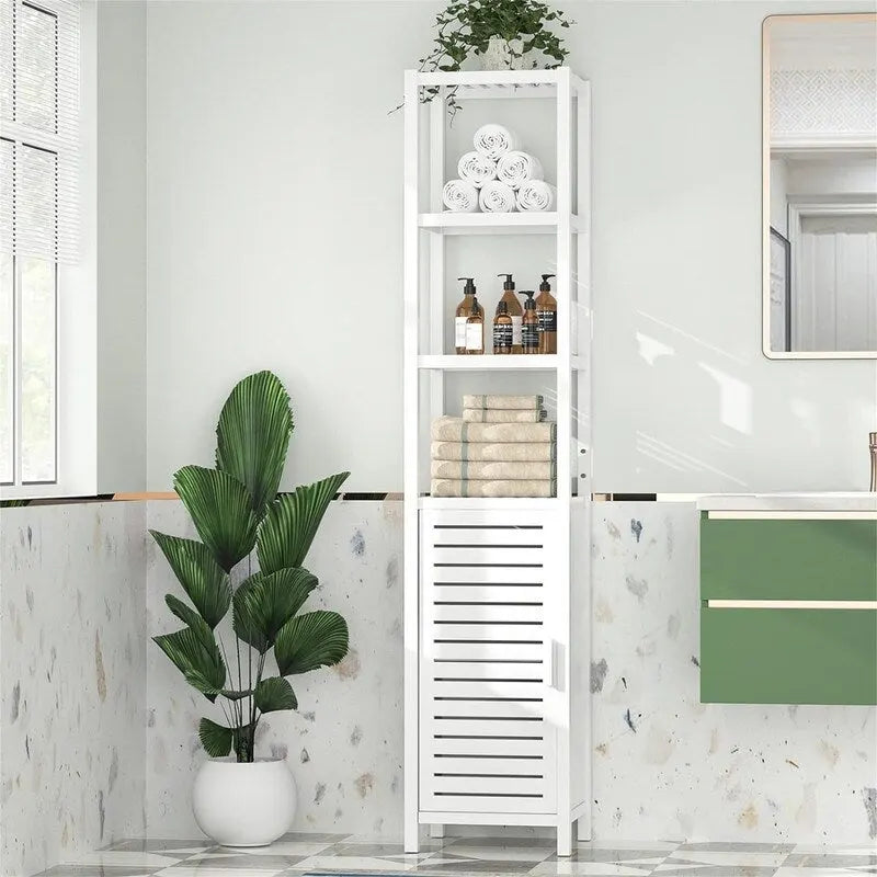 6 Tier 67 Inch Tall Floor Standing Slim Cabinet Organizer with Shutter Door and Open Shelves - 12.99D x 13.39W x 66.54H