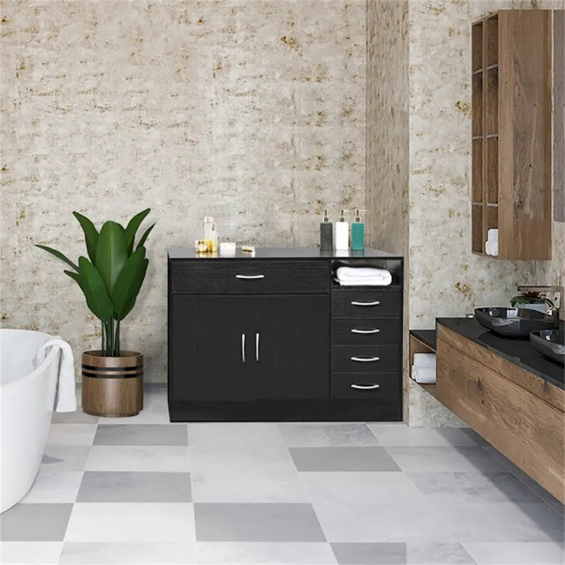 Meuble de salle de bain noir à deux portes et cinq tiroirs, assemblage par 1 personne