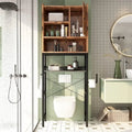 Meuble de Rangement Sur-WC Marron/Blanc, 4 Étagères + Porte, Montage 1 Personne