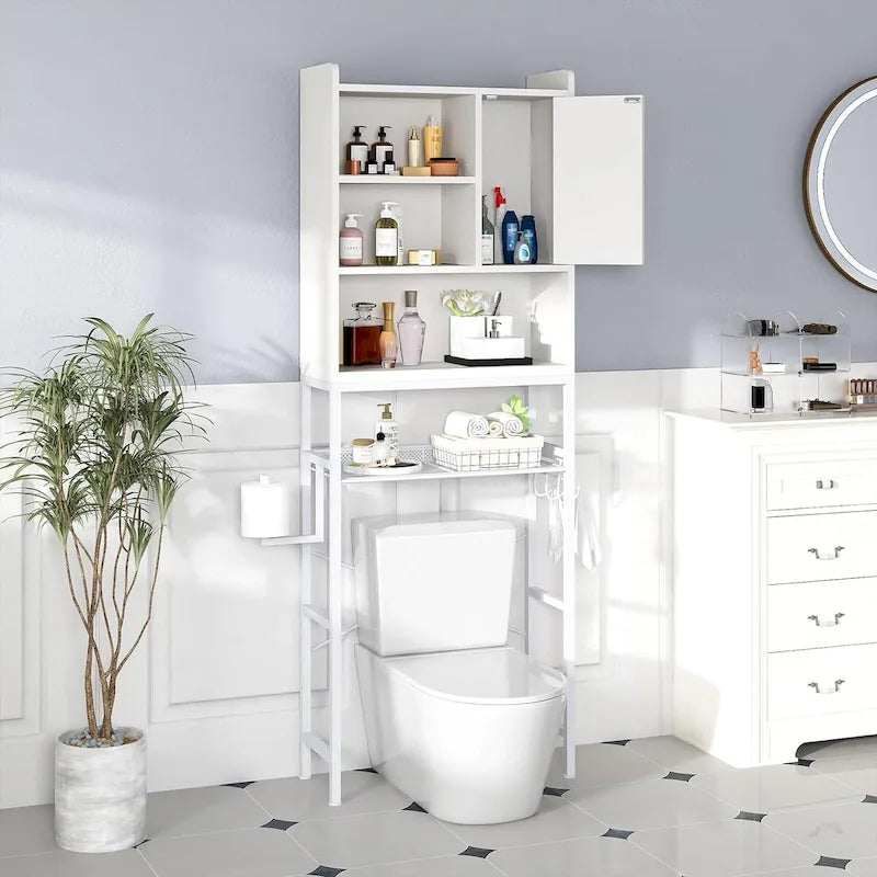 Meuble de Rangement Sur-WC Marron/Blanc, 4 Étagères + Porte, Montage 1 Personne