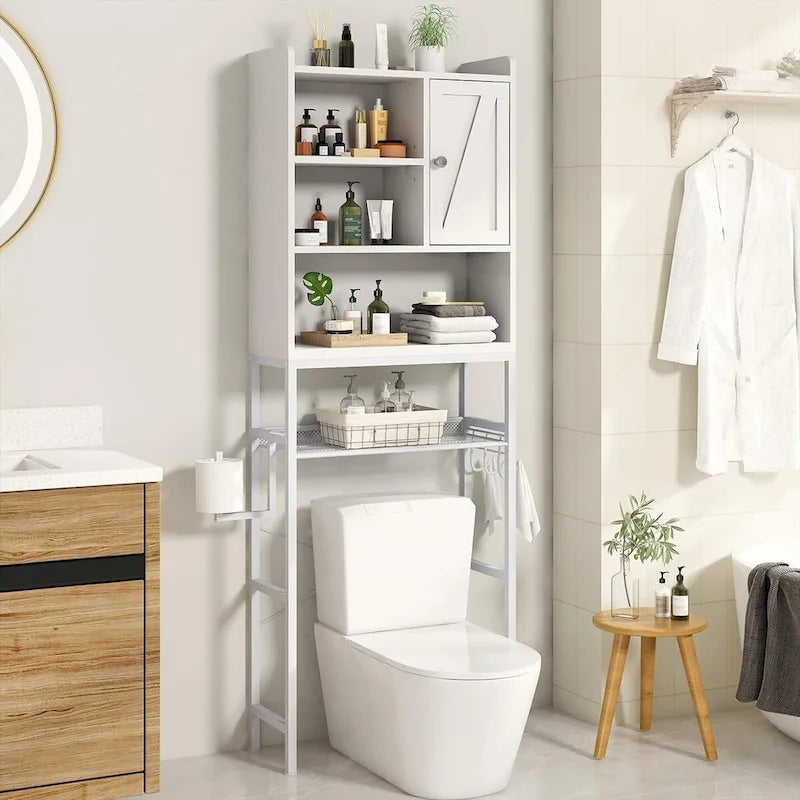 Meuble de Rangement Sur-WC Marron/Blanc, 4 Étagères + Porte, Montage 1 Personne