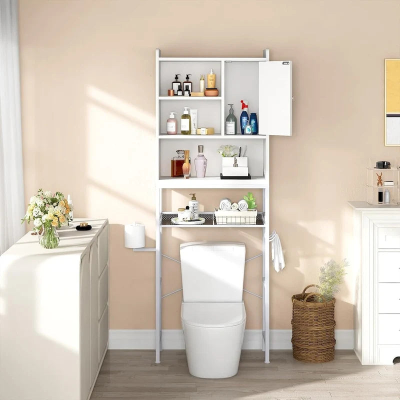 Meuble de Rangement Sur-WC Marron/Blanc, 4 Étagères + Porte, Montage 1 Personne