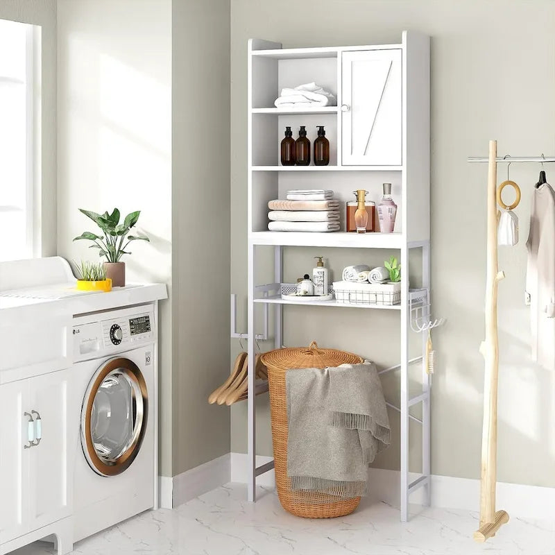 Meuble de Rangement Sur-WC Marron/Blanc, 4 Étagères + Porte, Montage 1 Personne