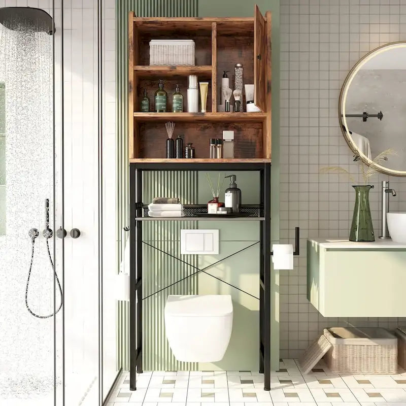 Meuble de Rangement Sur-WC Marron/Blanc, 4 Étagères + Porte, Montage 1 Personne