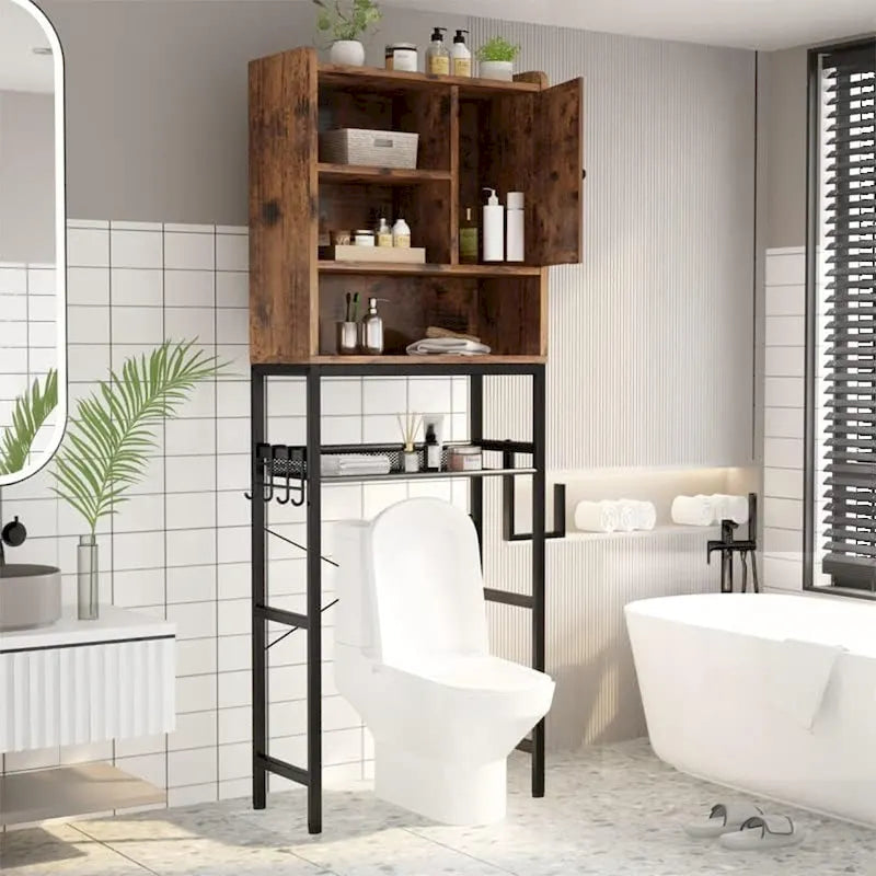 Meuble de Rangement Sur-WC Marron/Blanc, 4 Étagères + Porte, Montage 1 Personne