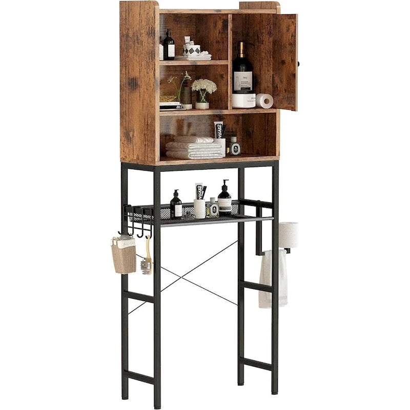 Meuble de Rangement Sur-WC Marron/Blanc, 4 Étagères + Porte, Montage 1 Personne