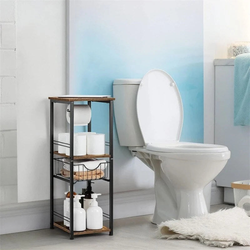 Meuble de rangement de salle de bain autoportant avec tiroir et porte-papier toilette — Noir / Rustique / Chêne, assemblage par 1 personne