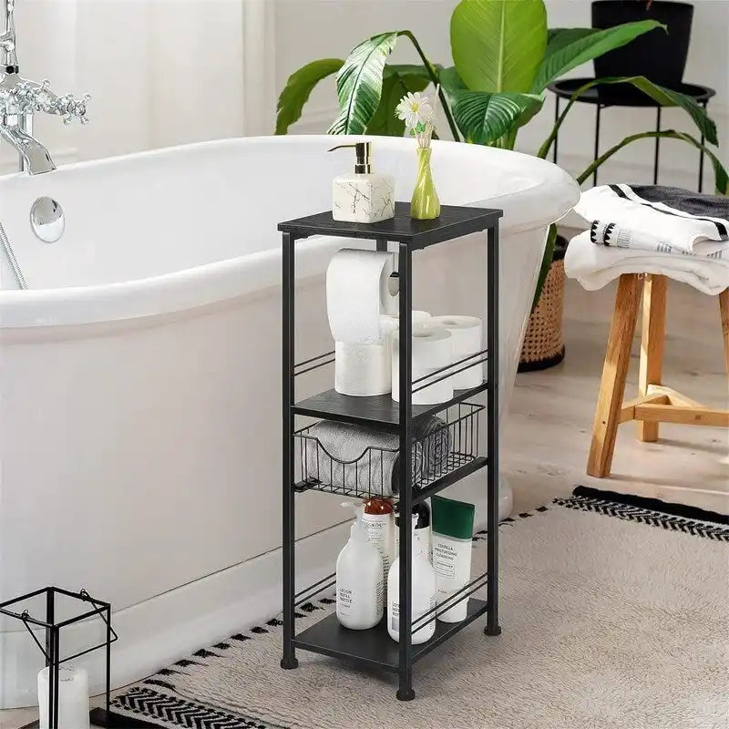 Meuble de rangement de salle de bain autoportant avec tiroir et porte-papier toilette — Noir / Rustique / Chêne, assemblage par 1 personne