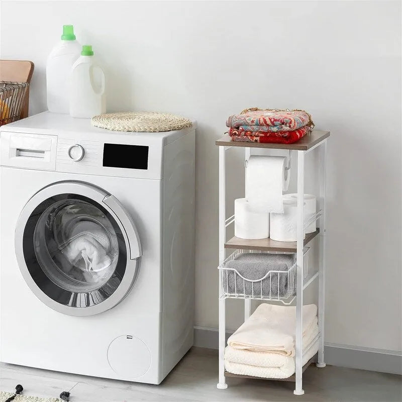 Meuble de rangement de salle de bain autoportant avec tiroir et porte-papier toilette — Noir / Rustique / Chêne, assemblage par 1 personne