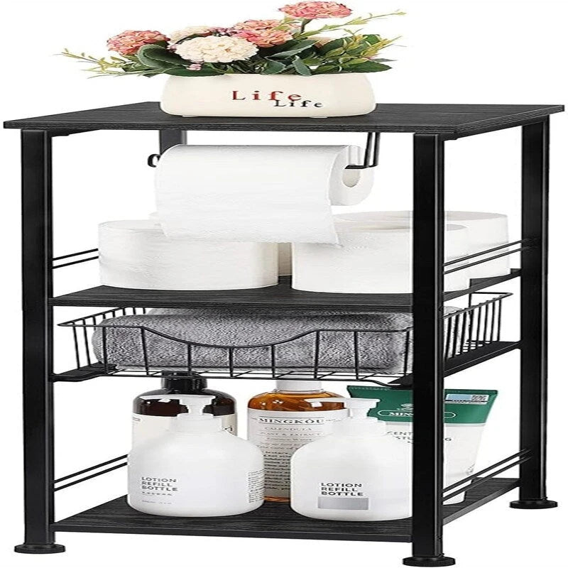 Meuble de rangement de salle de bain autoportant avec tiroir et porte-papier toilette — Noir / Rustique / Chêne, assemblage par 1 personne