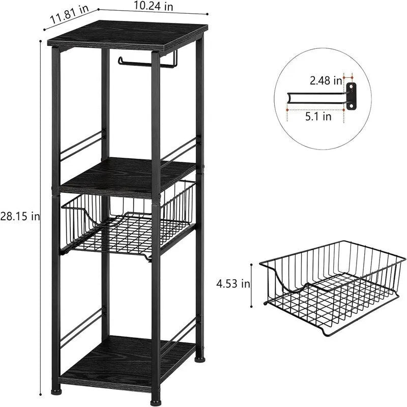 Meuble de rangement de salle de bain autoportant avec tiroir et porte-papier toilette — Noir / Rustique / Chêne, assemblage par 1 personne