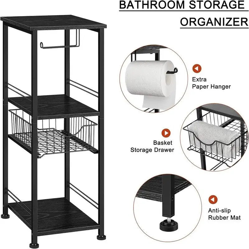Meuble de rangement de salle de bain autoportant avec tiroir et porte-papier toilette — Noir / Rustique / Chêne, assemblage par 1 personne