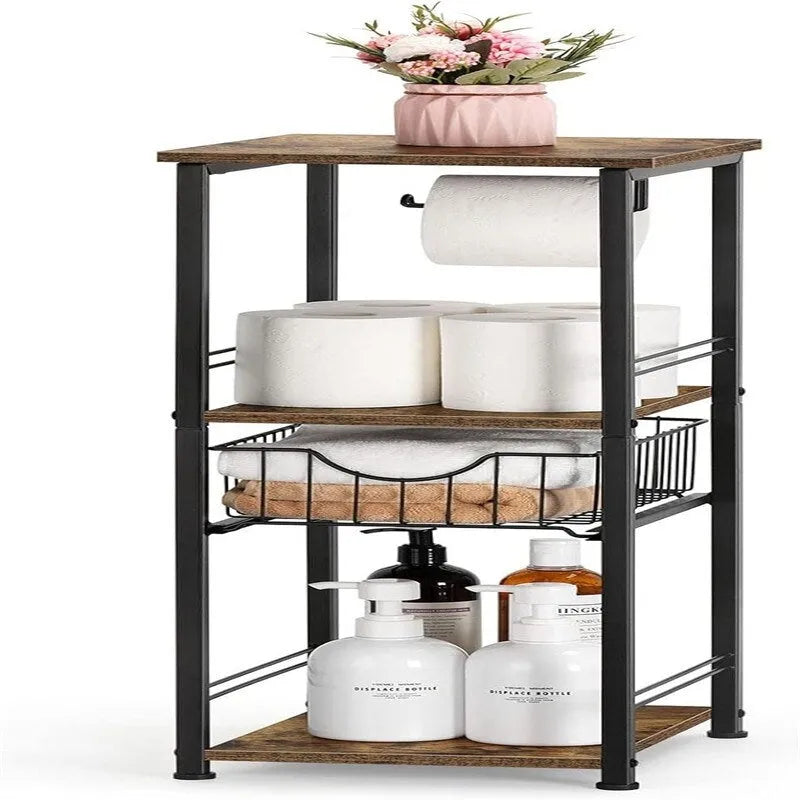 Meuble de rangement de salle de bain autoportant avec tiroir et porte-papier toilette — Noir / Rustique / Chêne, assemblage par 1 personne