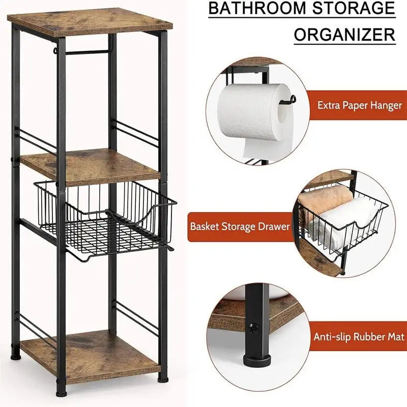 Meuble de rangement de salle de bain autoportant avec tiroir et porte-papier toilette — Noir / Rustique / Chêne, assemblage par 1 personne