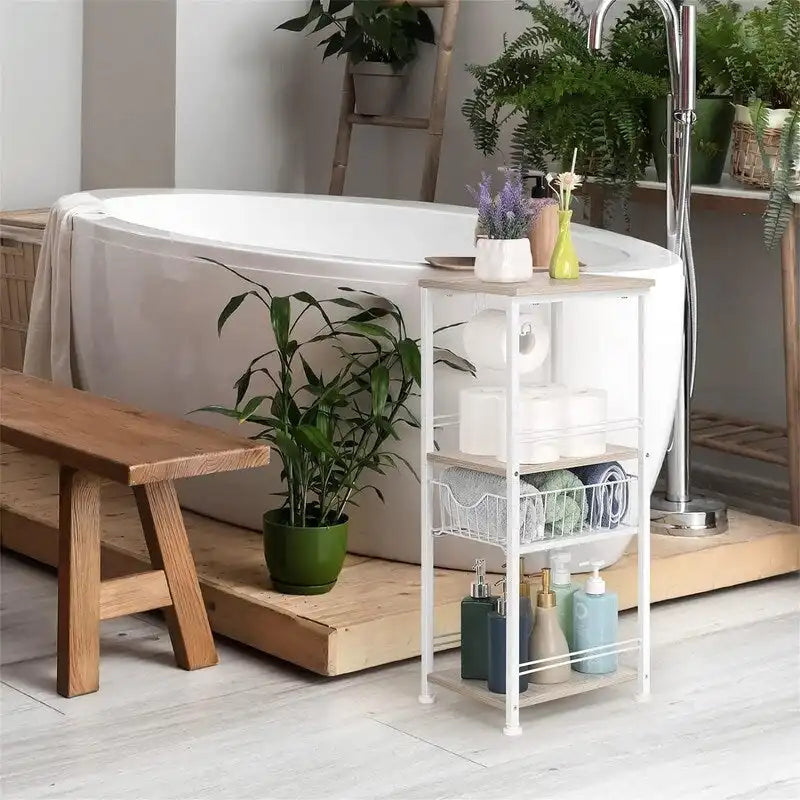Meuble de rangement de salle de bain autoportant avec tiroir et porte-papier toilette — Noir / Rustique / Chêne, assemblage par 1 personne