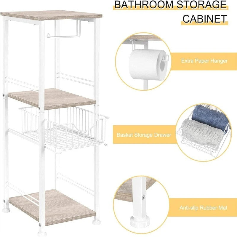 Meuble de rangement de salle de bain autoportant avec tiroir et porte-papier toilette — Noir / Rustique / Chêne, assemblage par 1 personne
