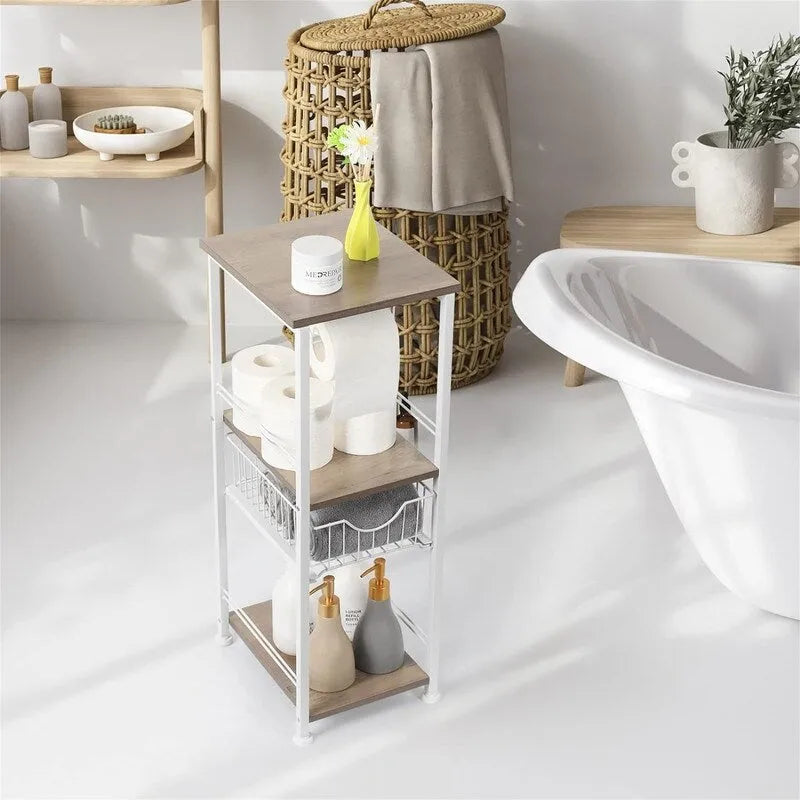 Meuble de rangement de salle de bain autoportant avec tiroir et porte-papier toilette — Noir / Rustique / Chêne, assemblage par 1 personne