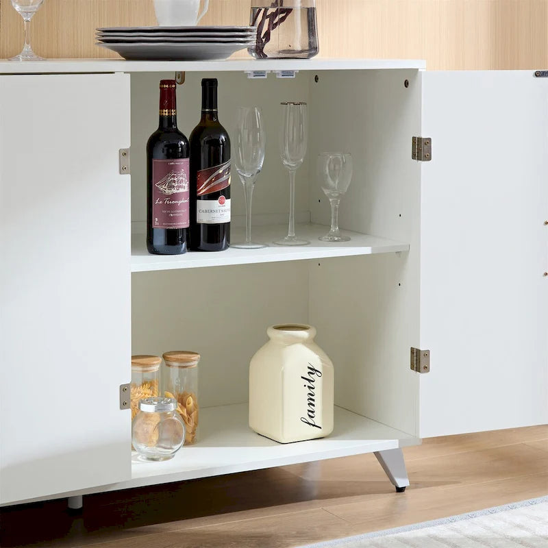 Buffet bas blanc à 4 portes avec étagères réglables