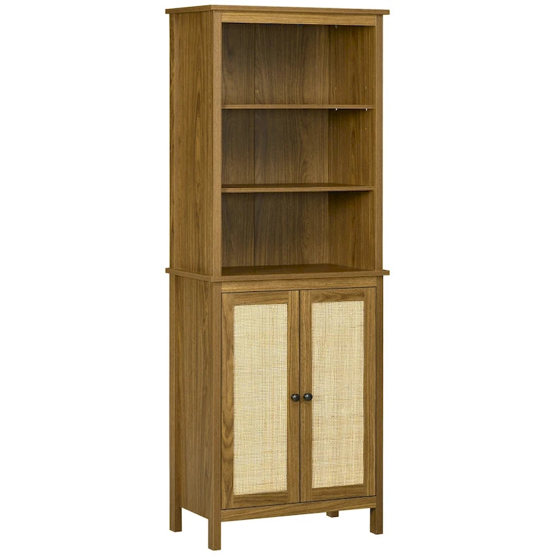Bibliothèque haute en rotin marron noyer avec placard, 1 personne