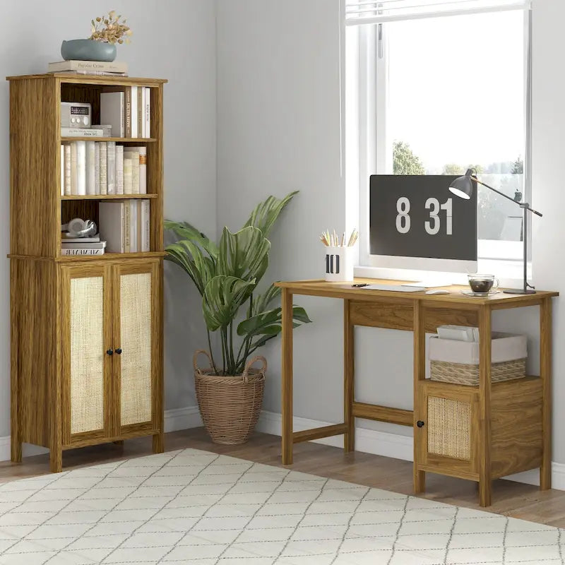 Bibliothèque haute en rotin marron noyer avec placard, 1 personne