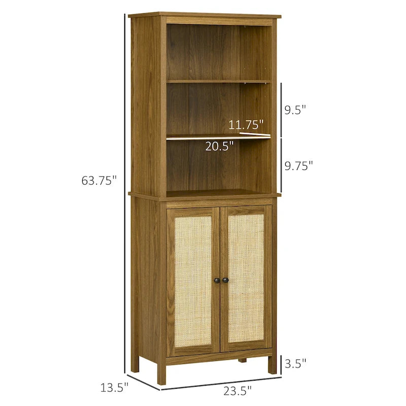 Bibliothèque haute en rotin marron noyer avec placard, 1 personne