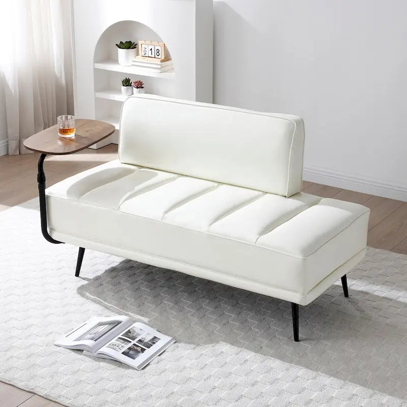 Banc de bout de lit en similicuir PU beige/noir avec plateau pivotant, 143 cm, 1 personne, pieds en métal