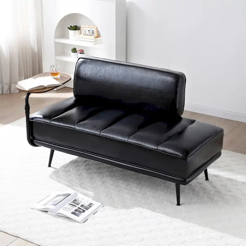 Banc de bout de lit en similicuir PU beige/noir avec plateau pivotant, 143 cm, 1 personne, pieds en métal