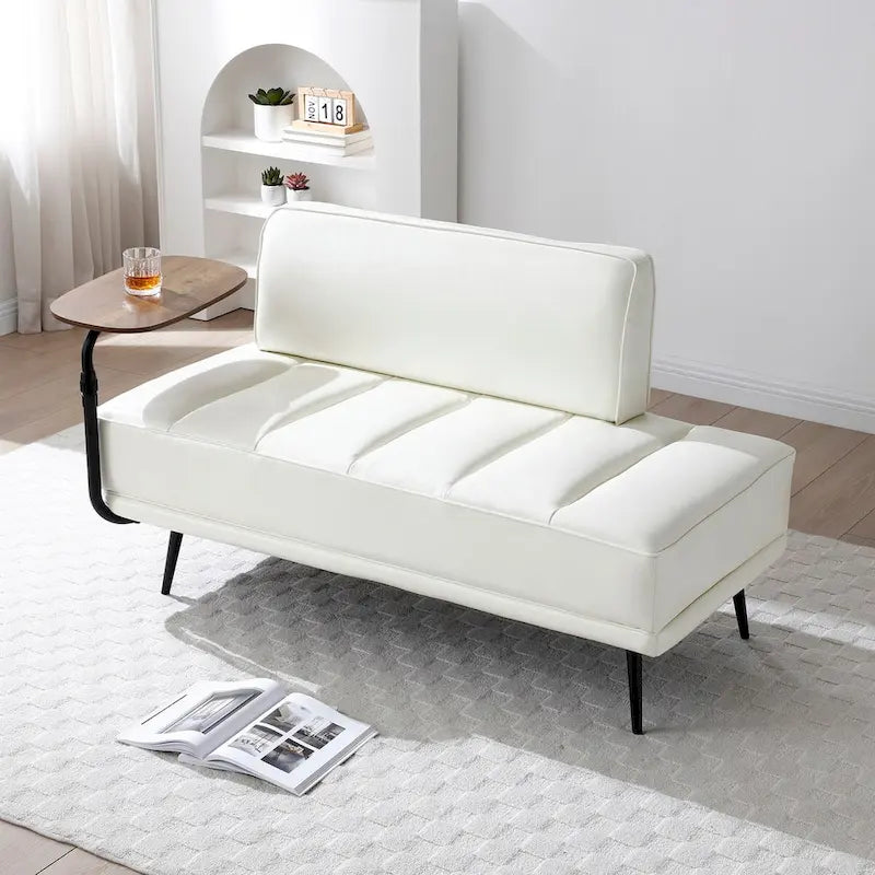Banc de bout de lit en similicuir PU beige/noir avec plateau pivotant, 143 cm, 1 personne, pieds en métal