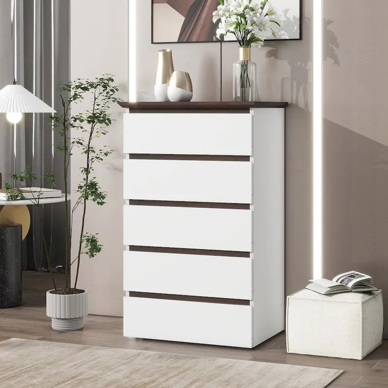 Commode blanche à 5 tiroirs, style moderne du milieu du siècle, plateau en bois, utilisation par 1 personne