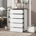 Commode blanche à 5 tiroirs, style moderne du milieu du siècle, plateau en bois, utilisation par 1 personne