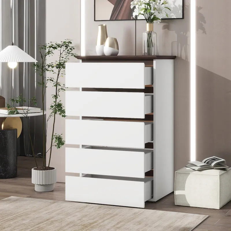 Commode blanche à 5 tiroirs, style moderne du milieu du siècle, plateau en bois, utilisation par 1 personne