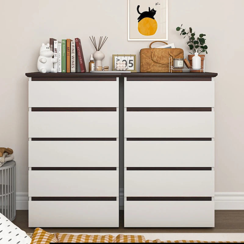 Commode blanche à 5 tiroirs, style moderne du milieu du siècle, plateau en bois, utilisation par 1 personne