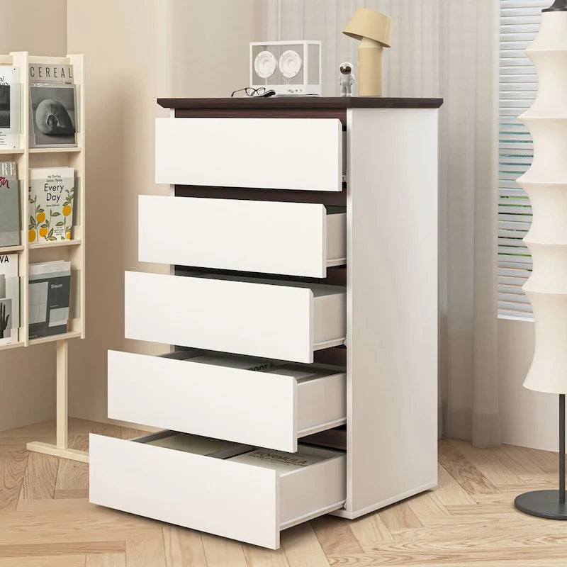 Commode blanche à 5 tiroirs, style moderne du milieu du siècle, plateau en bois, utilisation par 1 personne