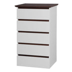Commode blanche à 5 tiroirs, style moderne du milieu du siècle, plateau en bois, utilisation par 1 personne