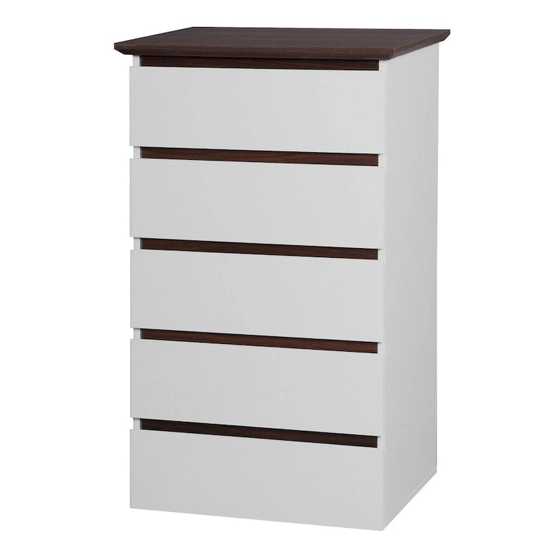 Commode blanche à 5 tiroirs, style moderne du milieu du siècle, plateau en bois, utilisation par 1 personne
