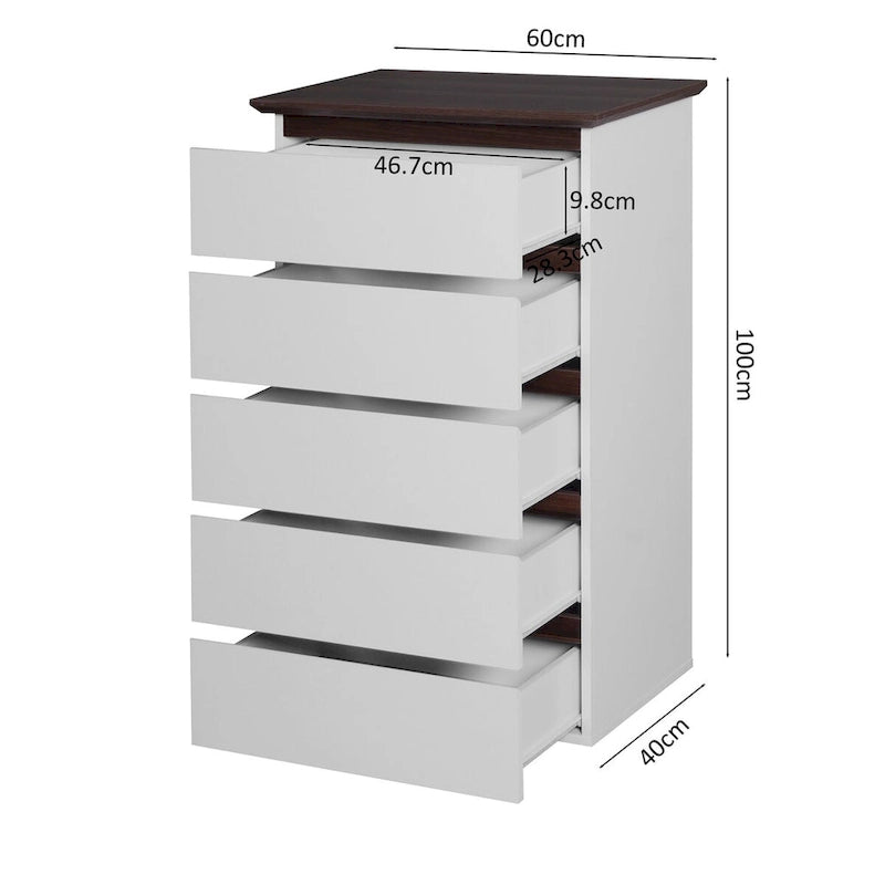 Commode blanche à 5 tiroirs, style moderne du milieu du siècle, plateau en bois, utilisation par 1 personne