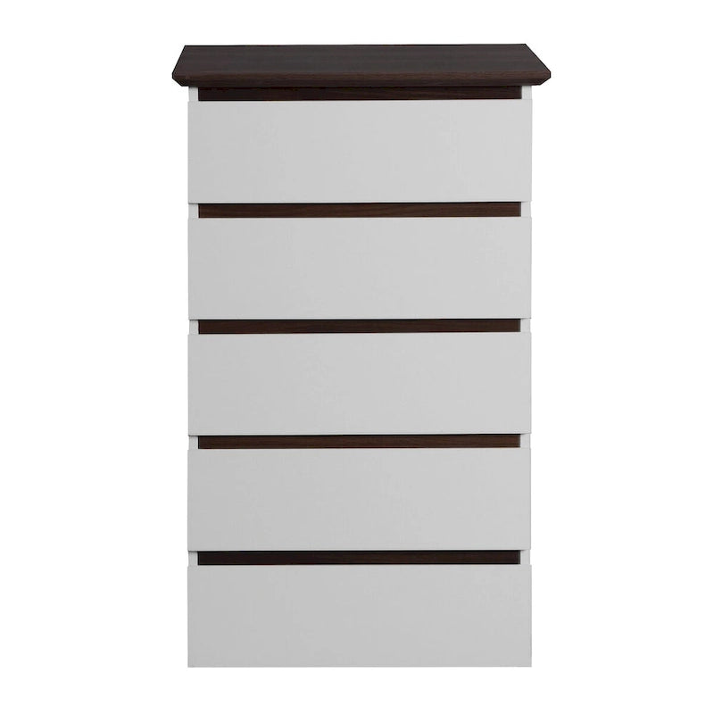 Commode blanche à 5 tiroirs, style moderne du milieu du siècle, plateau en bois, utilisation par 1 personne