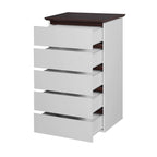 Commode blanche à 5 tiroirs, style moderne du milieu du siècle, plateau en bois, utilisation par 1 personne