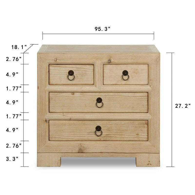 Table de chevet 4 tiroirs beige, pin naturel vieilli, individuelle