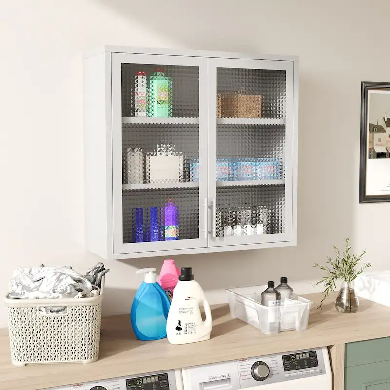 Meuble haut de rangement mural en acier, blanc/noir, avec portes en verre dépoli, montage à 2 personnes