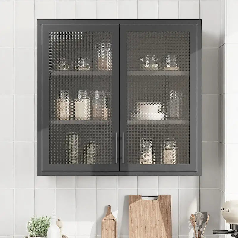 Meuble haut de rangement mural en acier, blanc/noir, avec portes en verre dépoli, montage à 2 personnes