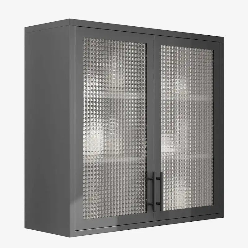 Meuble haut de rangement mural en acier, blanc/noir, avec portes en verre dépoli, montage à 2 personnes